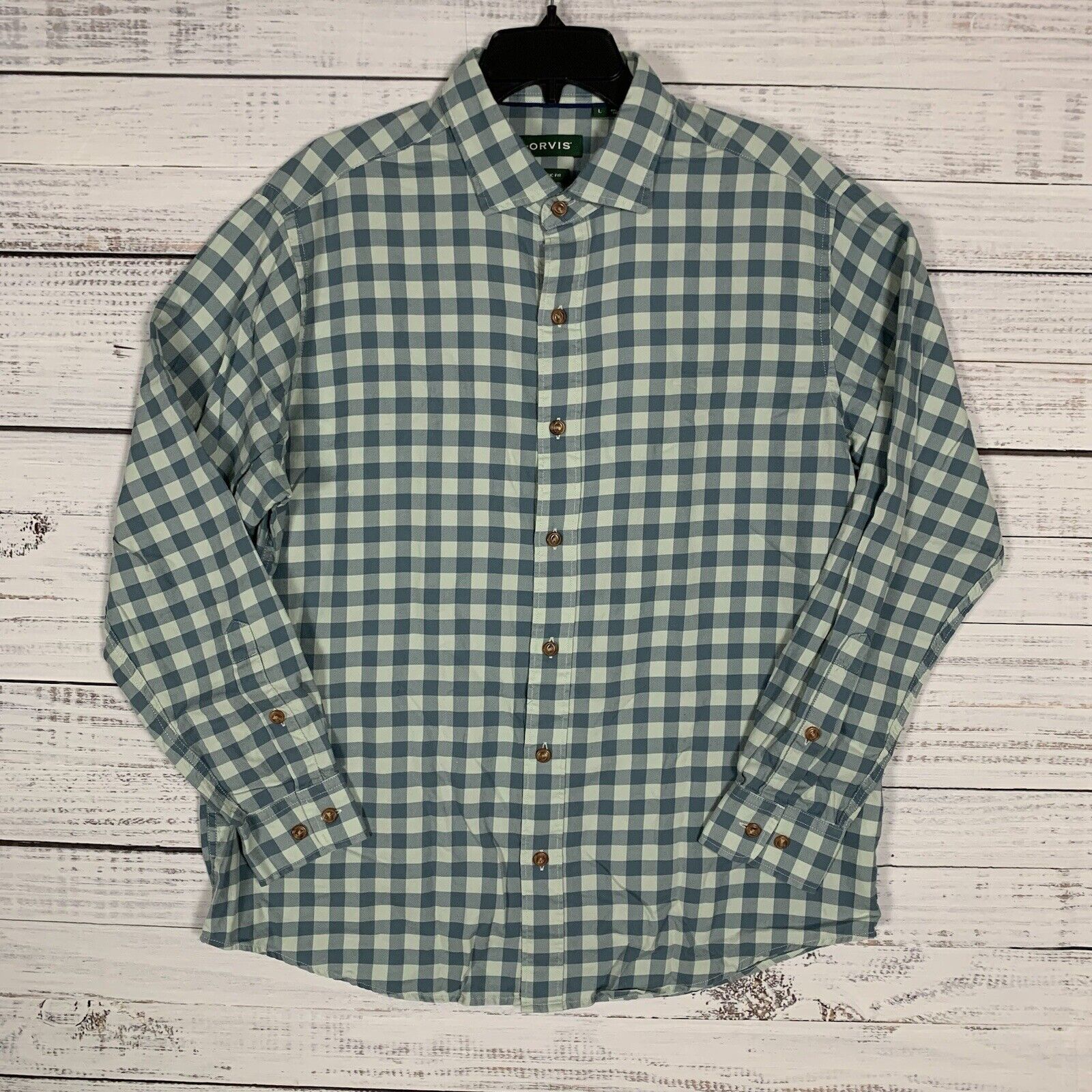 Orvis Men Button Up Shirt Large L Classic Fit Long Sleeve Blue Gray Check Tencel